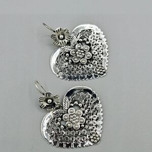 Taxco Silver Heart Earrings with Floral Design